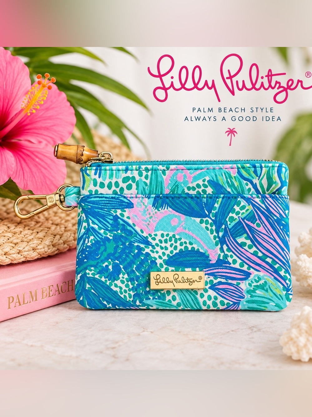 Lilly Pulitzer Zip Wallet Change Purse Holiday In The Sun Botanical Green NWOT